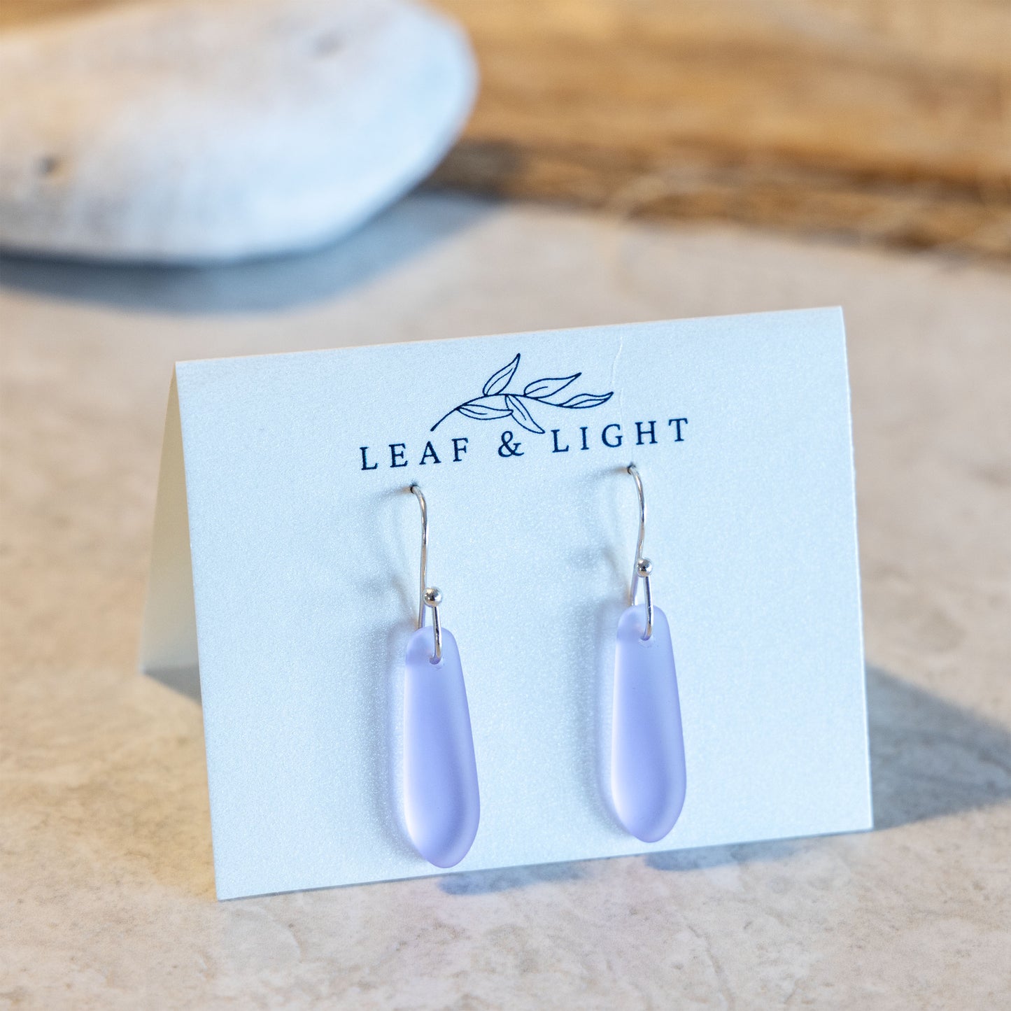 LAVENDER BLUE TEARDROP COASTAL GLASS EARRINGS | SILVER PLATED