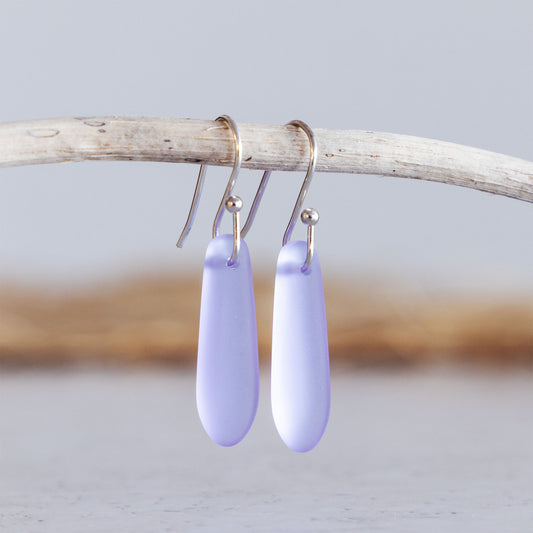 LAVENDER BLUE TEARDROP COASTAL GLASS EARRINGS | SILVER PLATED