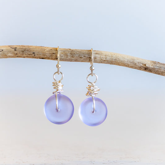 LAVENDER BLUE WIRE WRAPPED COASTAL GLASS EARRINGS | SILVER PLATED