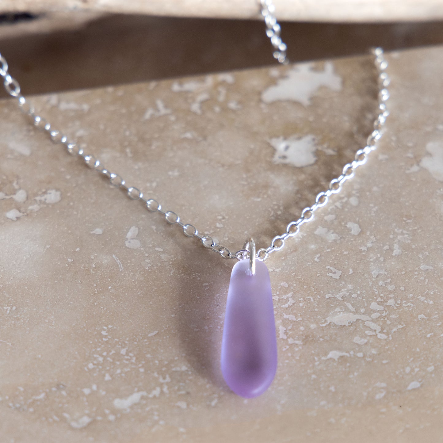 LAVENDER BLUE TEARDROP COASTAL GLASS NECKLACE | SILVER PLATED