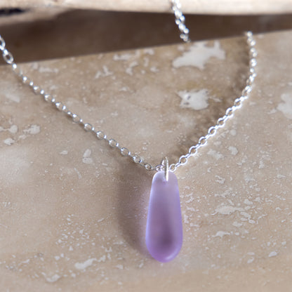 LAVENDER BLUE TEARDROP COASTAL GLASS NECKLACE | SILVER PLATED