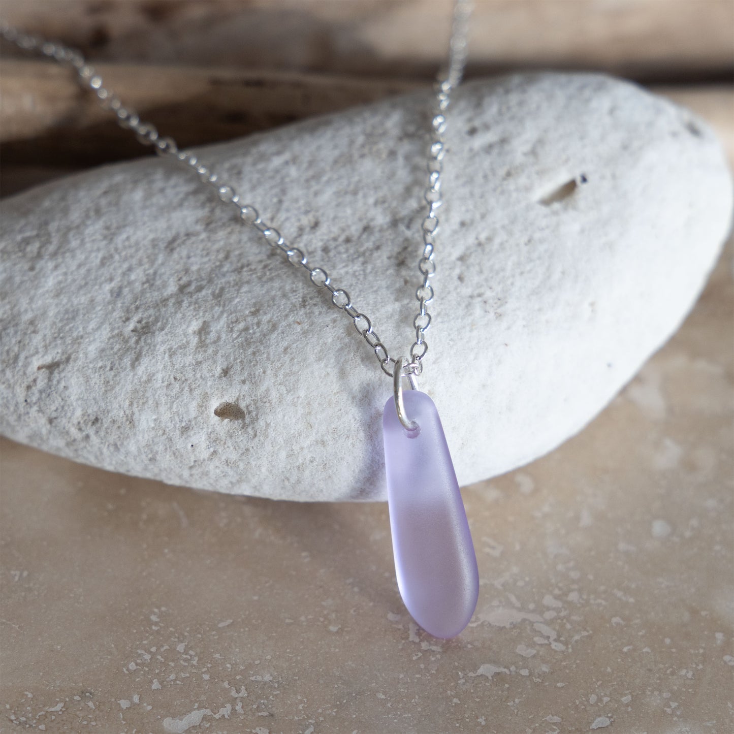 LAVENDER BLUE TEARDROP COASTAL GLASS NECKLACE | SILVER PLATED