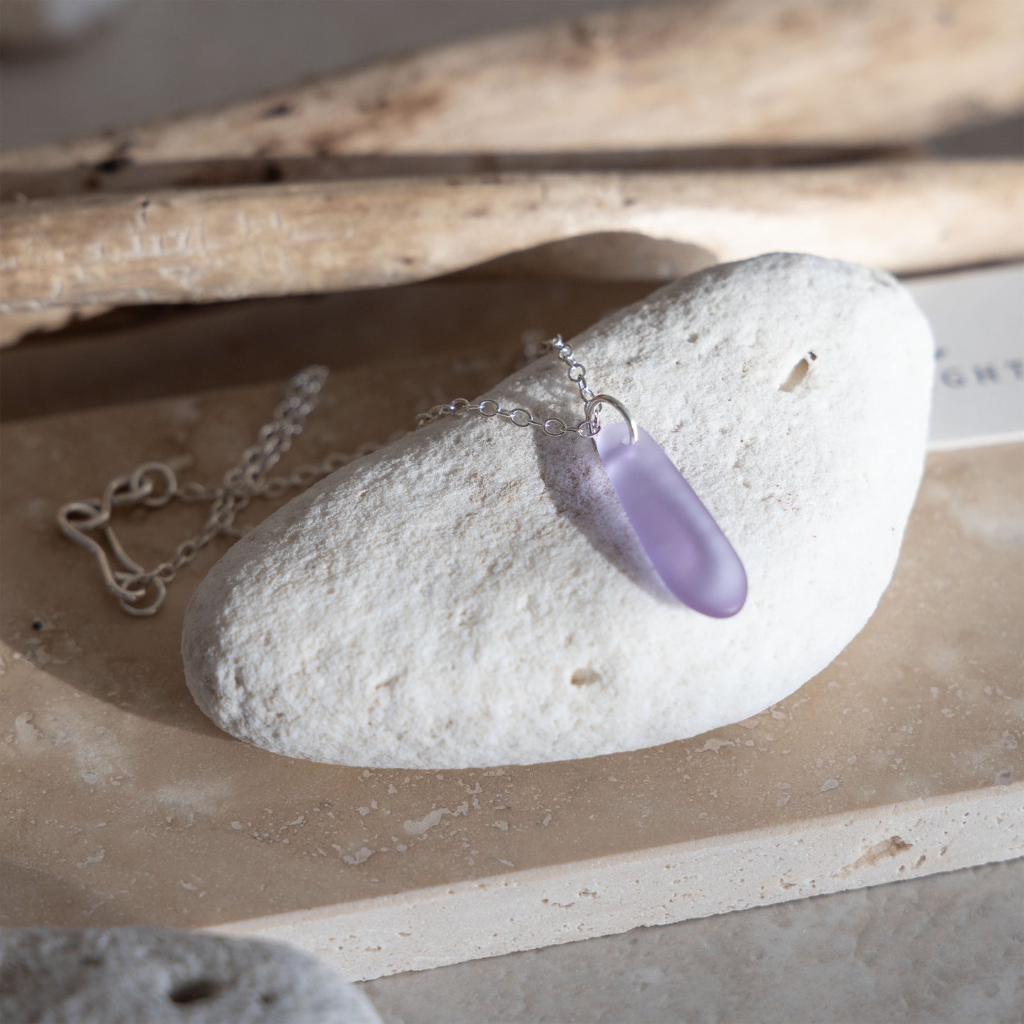 LAVENDER BLUE TEARDROP COASTAL GLASS NECKLACE | SILVER PLATED
