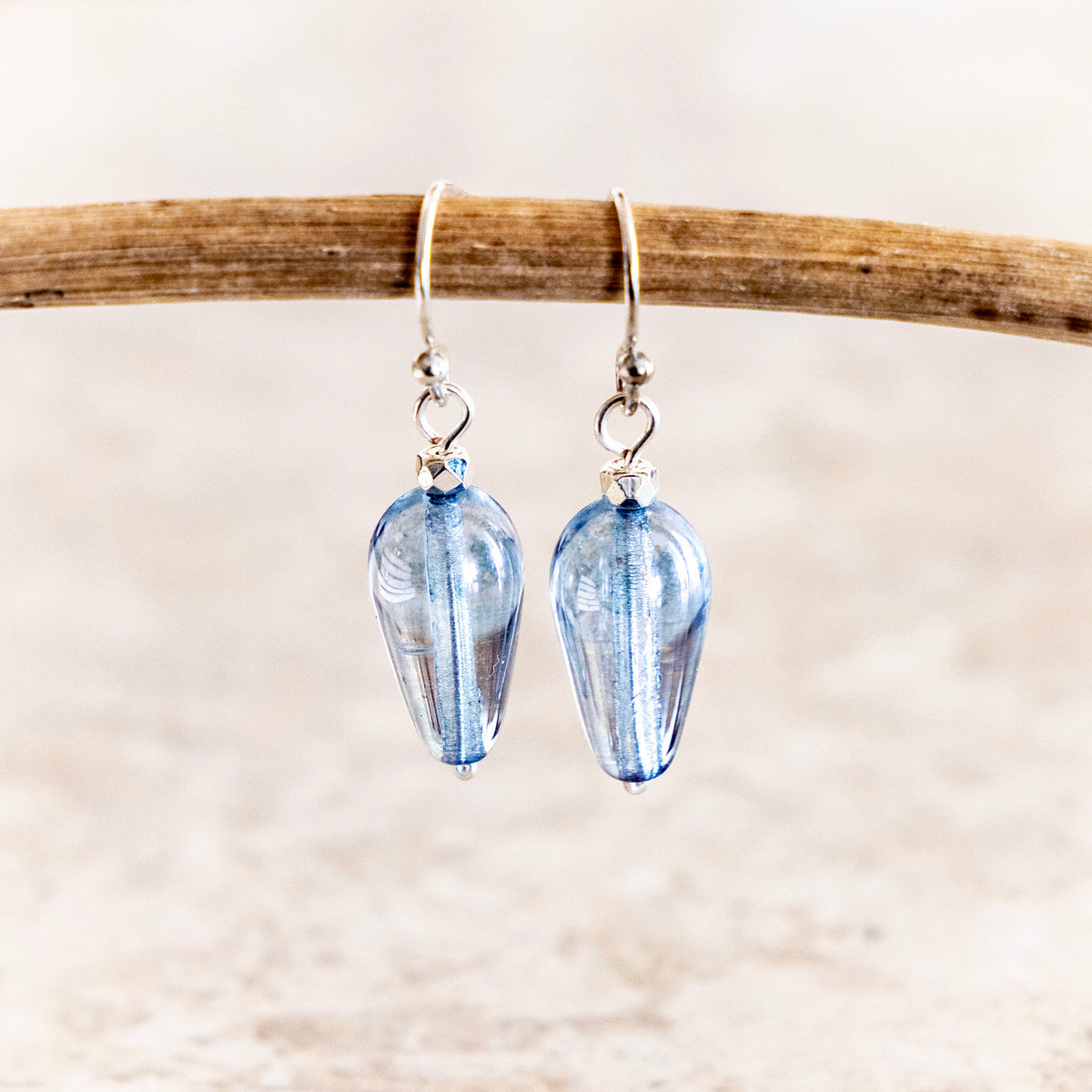 LUMINOUS BLUE CZECH GLASS TEARDROP EARRINGS | SILVER PLATED
