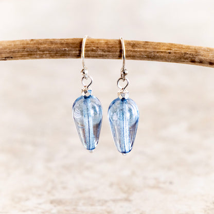 LUMINOUS BLUE CZECH GLASS TEARDROP EARRINGS | SILVER PLATED