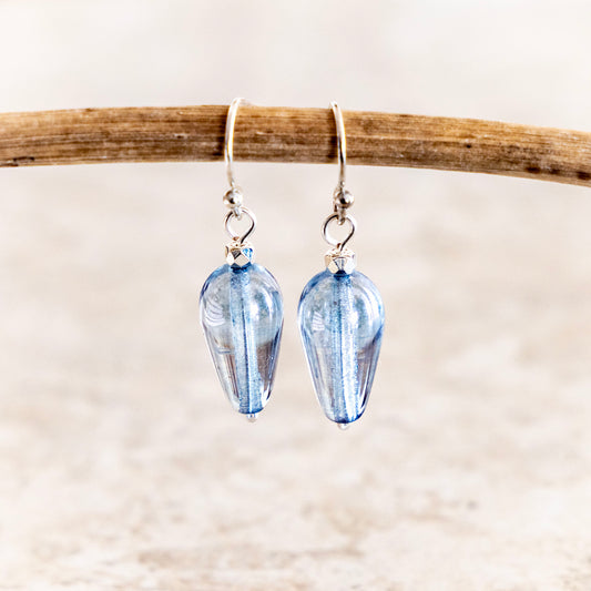 LUMINOUS BLUE CZECH GLASS TEARDROP EARRINGS | SILVER PLATED