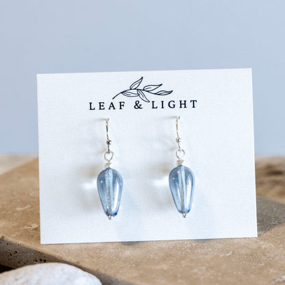 LUMINOUS BLUE CZECH GLASS TEARDROP EARRINGS | SILVER PLATED