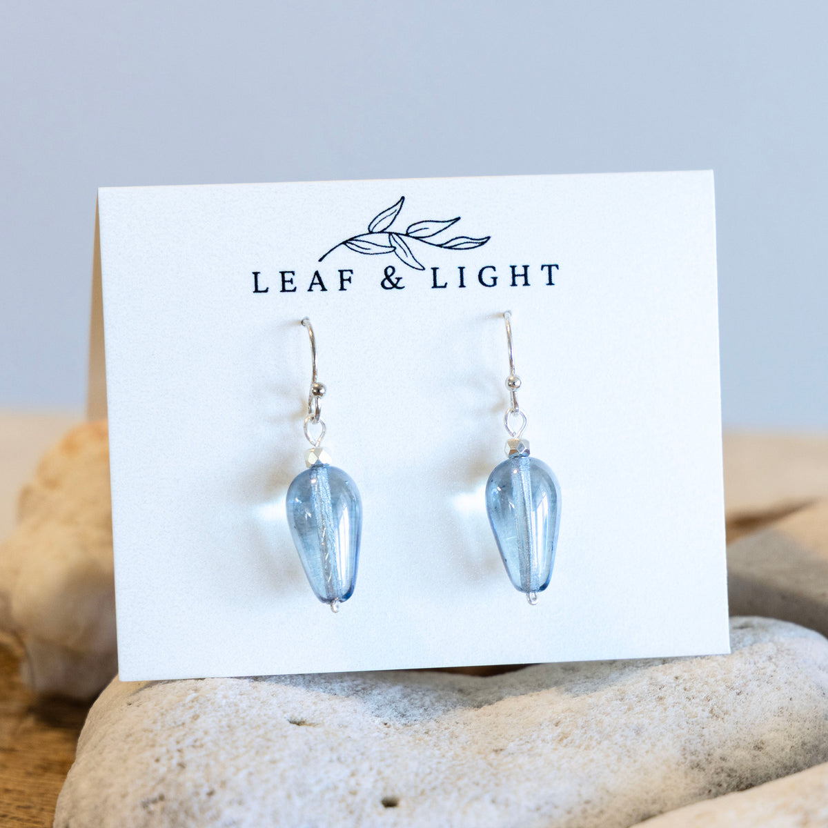 LUMINOUS BLUE CZECH GLASS TEARDROP EARRINGS | SILVER PLATED