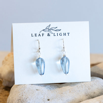 LUMINOUS BLUE CZECH GLASS TEARDROP EARRINGS | SILVER PLATED