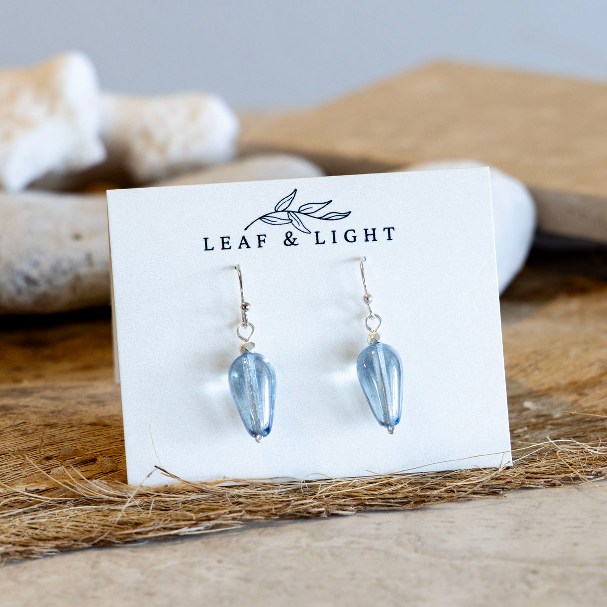 LUMINOUS BLUE CZECH GLASS TEARDROP EARRINGS | SILVER PLATED