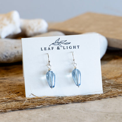 LUMINOUS BLUE CZECH GLASS TEARDROP EARRINGS | SILVER PLATED