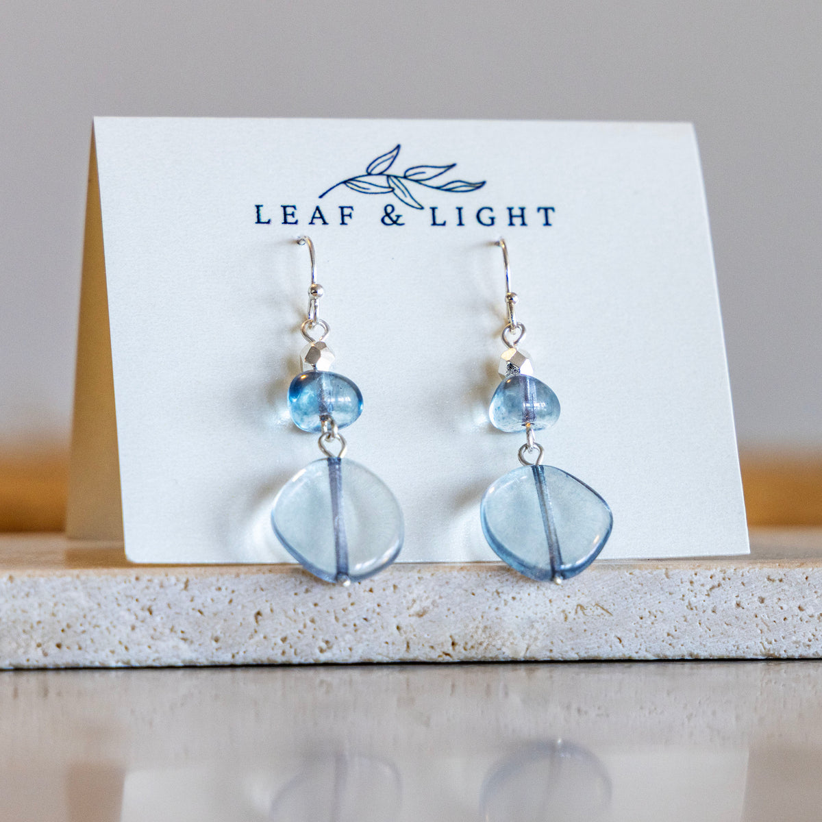 LUSTER BLUE GLASS DANGLE DROP EARRINGS | SILVER PLATED