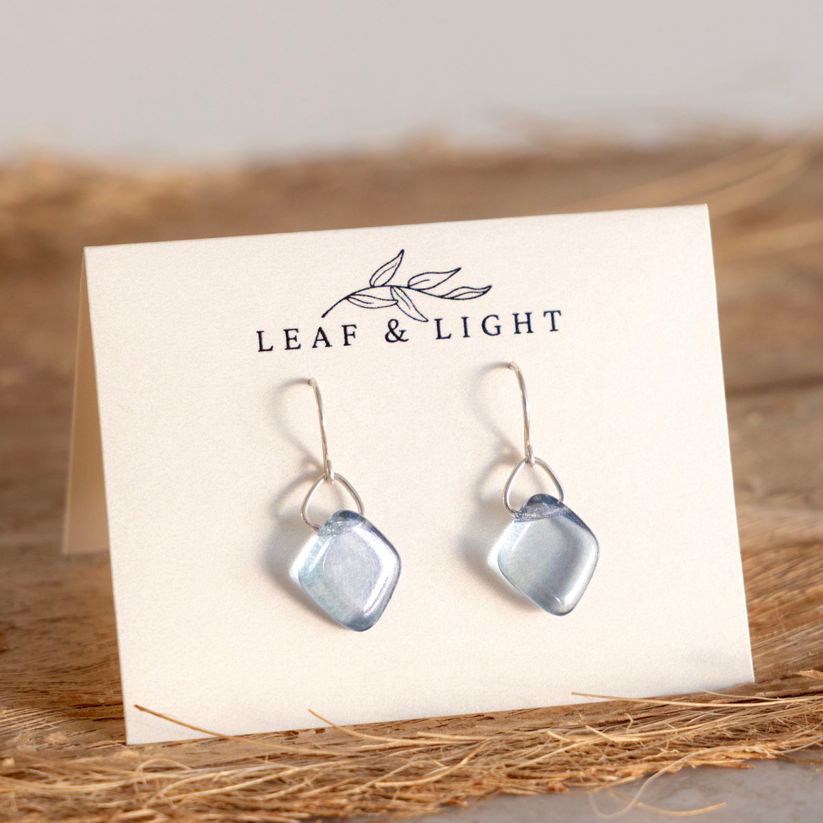 LIGHT BLUE LUSTER SQUARE GLASS EARRINGS | STERLING SILVER