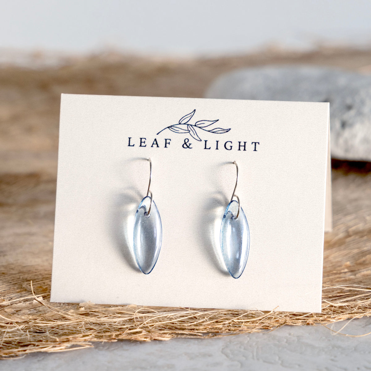 LIGHT BLUE LUSTER MARQUISE GLASS EARRINGS | STERLING SILVER