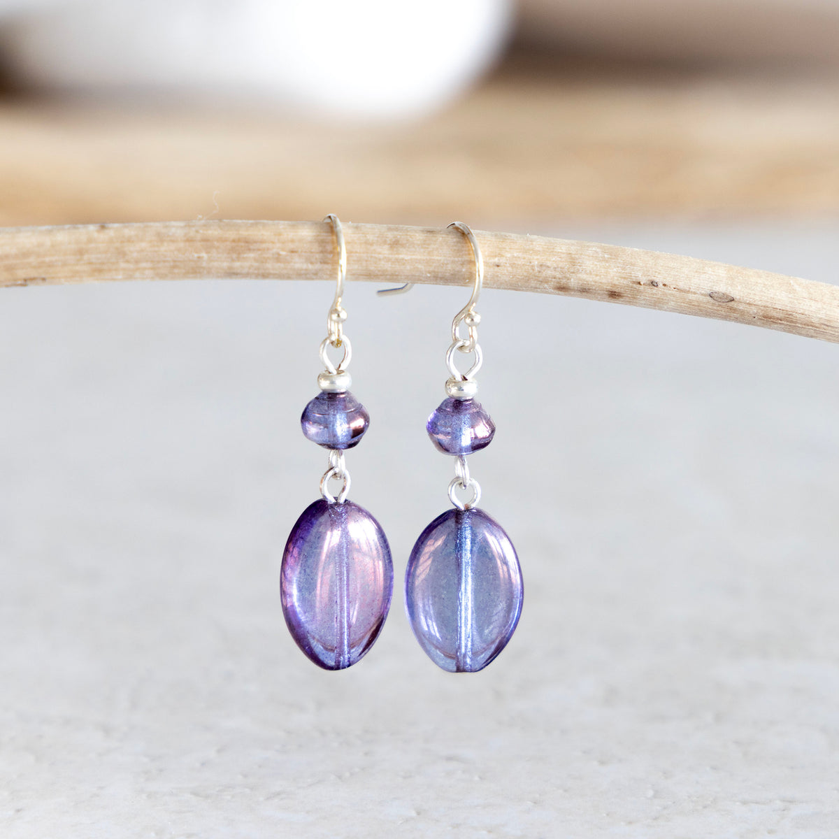 LUMINOUS PURPLE OVAL DANGLE EARRINGS | SILVER PLATED