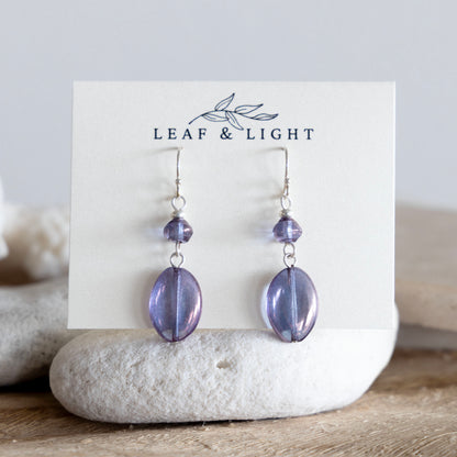 LUMINOUS PURPLE OVAL DANGLE EARRINGS | SILVER PLATED
