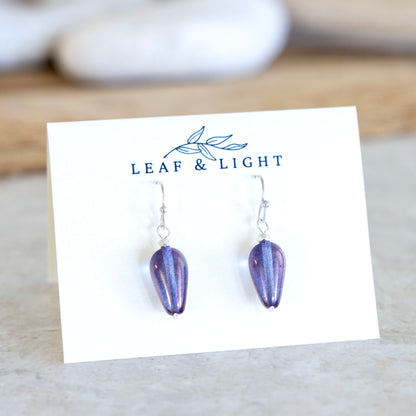 LUMINOUS PURPLE GLASS TEARDROP EARRINGS | SILVER PLATED