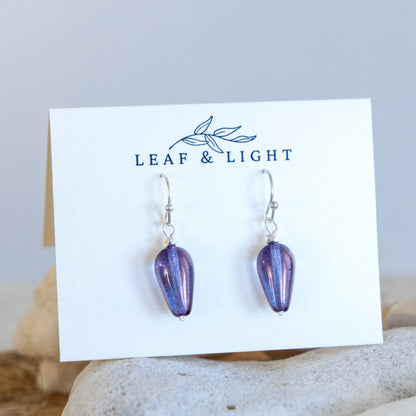 LUMINOUS PURPLE GLASS TEARDROP EARRINGS | SILVER PLATED