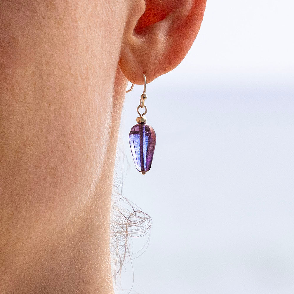 LUMINOUS PURPLE GLASS TEARDROP EARRINGS | SILVER PLATED