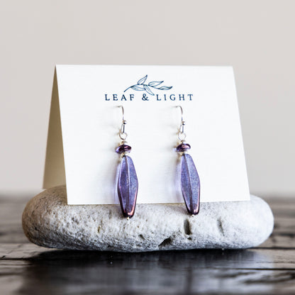 LUMINOUS PURPLE SLENDER LONG FACETED EARRINGS | SILVER PLATED