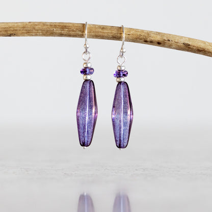LUMINOUS PURPLE SLENDER LONG FACETED EARRINGS | SILVER PLATED