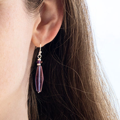 LUMINOUS PURPLE SLENDER LONG FACETED EARRINGS | SILVER PLATED