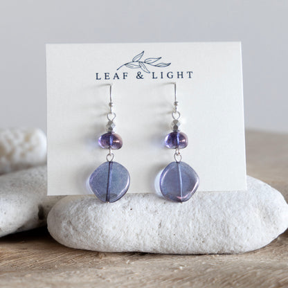 LUMINOUS PURPLE GLASS DANGLE DROP EARRINGS | SILVER PLATED
