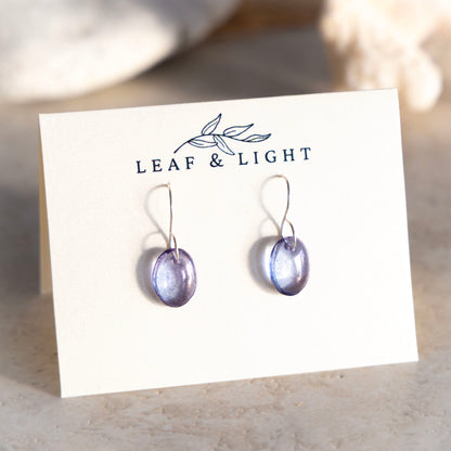 PURPLE LUSTER OVAL GLASS MINIMAL EARRINGS | STERLING SILVER