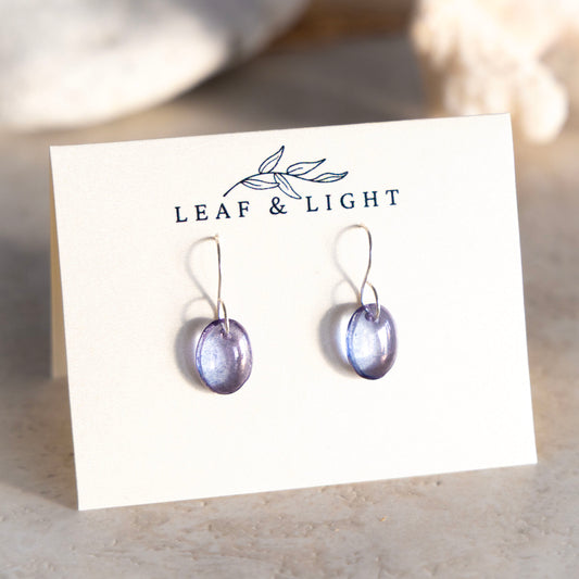 PURPLE LUSTER OVAL GLASS MINIMAL EARRINGS | STERLING SILVER