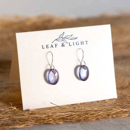 PURPLE LUSTER OVAL GLASS MINIMAL EARRINGS | STERLING SILVER