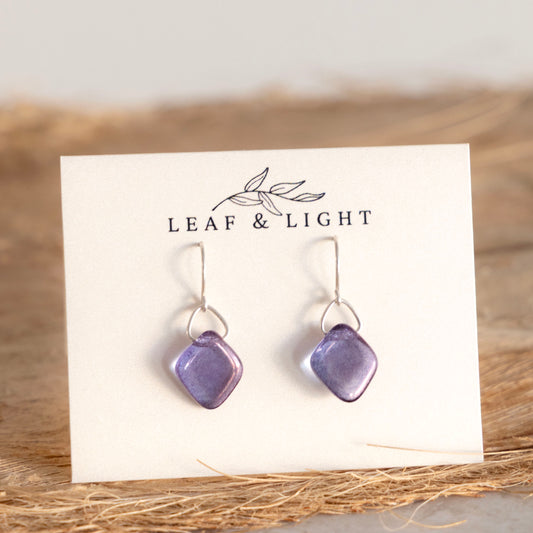 PURPLE LUSTER SQUARE GLASS EARRINGS | STERLING SILVER