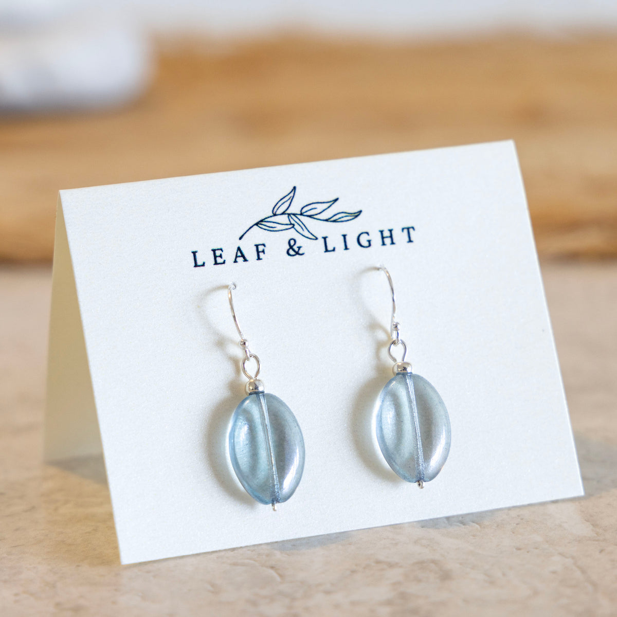 Sea Shimmer Blue Czech glass oval earrings with sterling silver ear wires