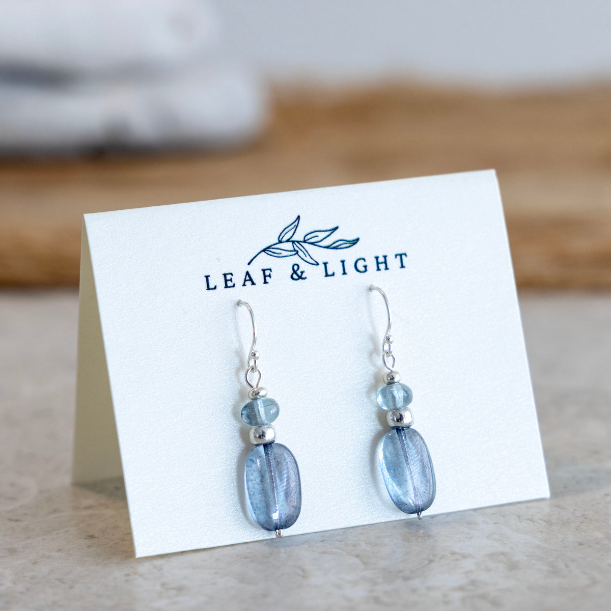Sea Shimmer Blue Czech glass classic rectangle earrings with sterling silver ear wires