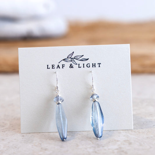 Sea Shimmer Blue Czech glass slender long faceted earrings with sterling silver ear wires