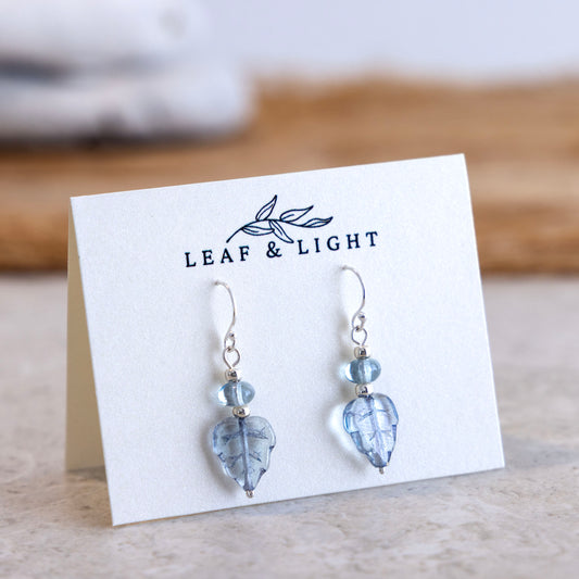 Sea Shimmer Blue Czech glass leaf earrings with sterling silver ear wires