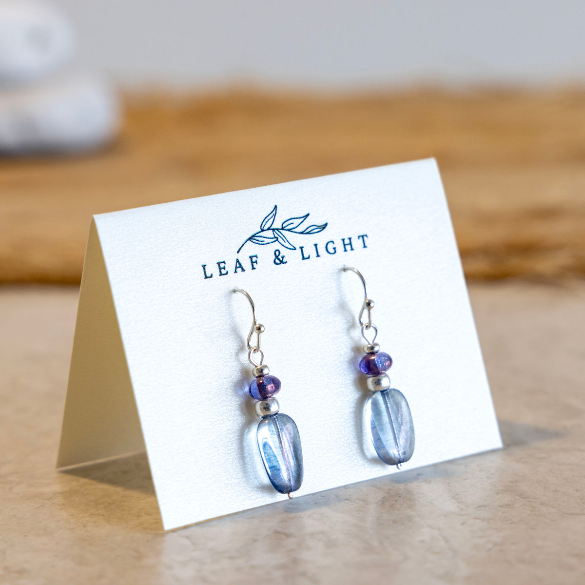 Sea Shimmer Blue and purple Czech glass rectangle earrings with silver plated ear wires