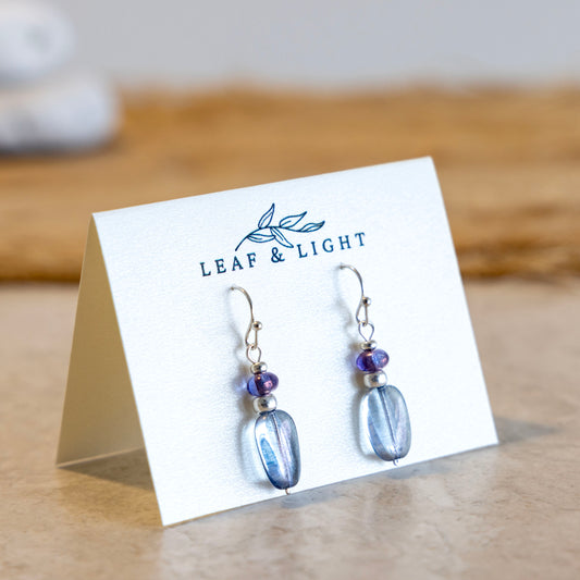 Sea Shimmer Blue and purple Czech glass rectangle earrings with silver plated ear wires