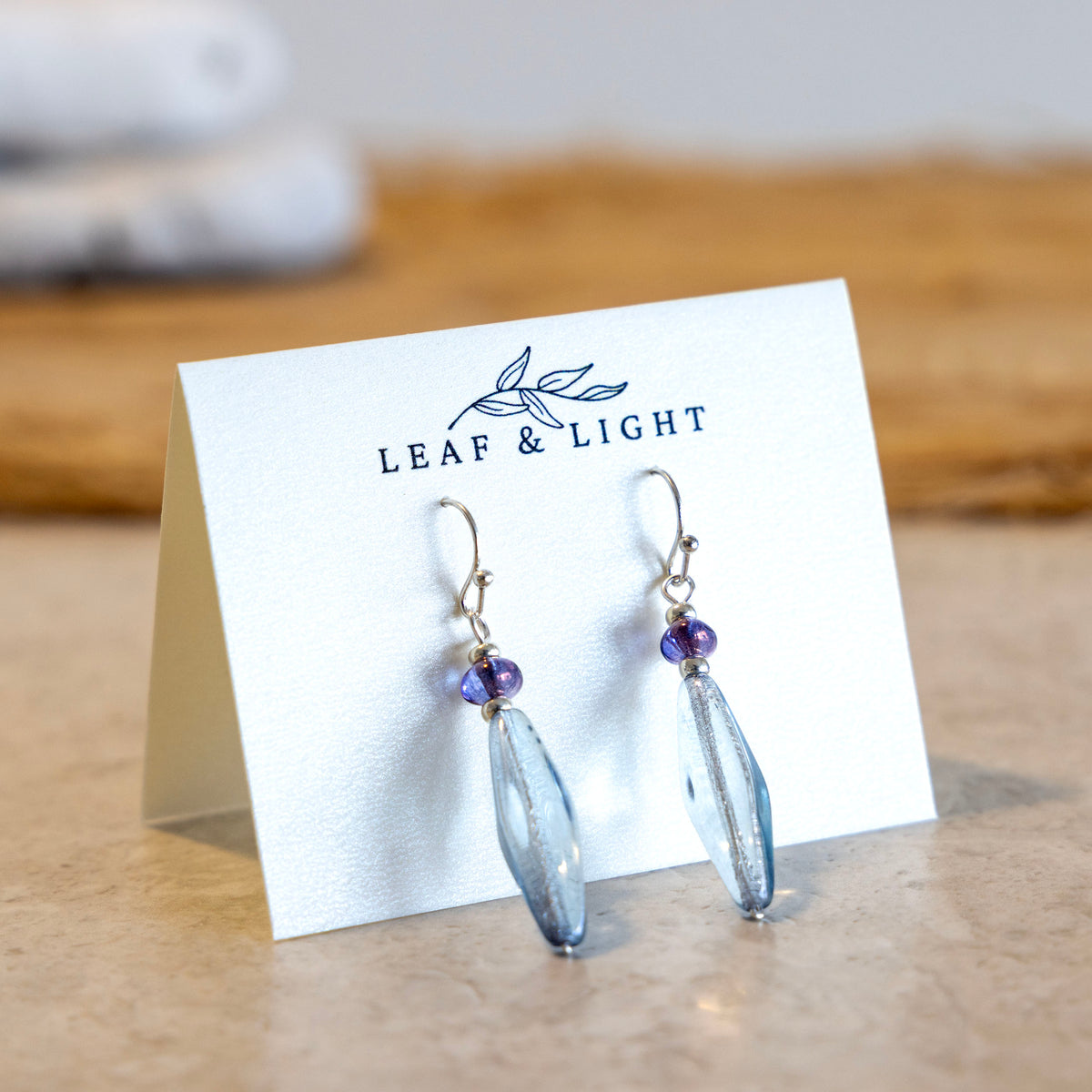 Sea Shimmer Blue and purple Czech glass long faceted earrings with silver plated ear wires