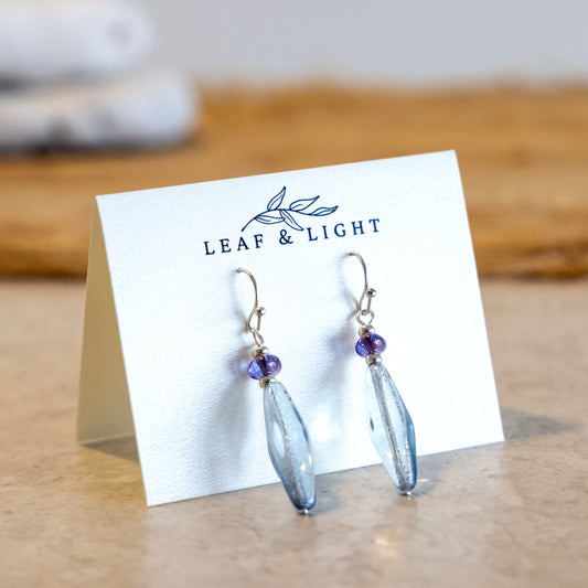 Sea Shimmer Blue and purple Czech glass long faceted earrings with silver plated ear wires