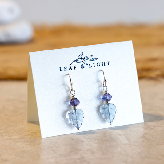 Sea Shimmer Blue and purple Czech glass leaf earrings with silver plated ear wires