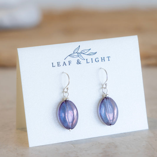 Sea Storm Purple Czech glass oval earrings with sterling silver ear wires