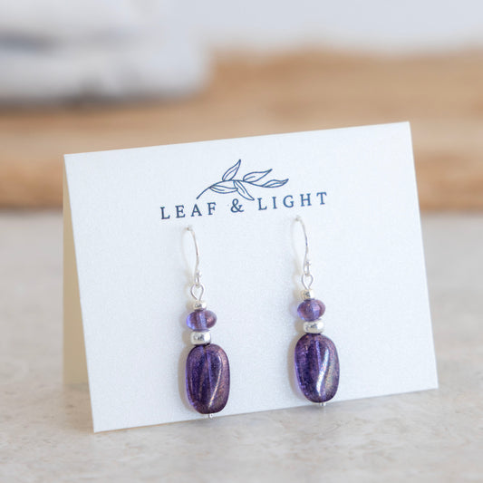 Sea Storm Purple Czech glass classic rectangle earrings with sterling silver ear wires