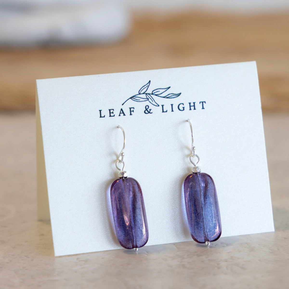 Sea Storm Purple Czech glass rectangle earrings with sterling silver ear wires