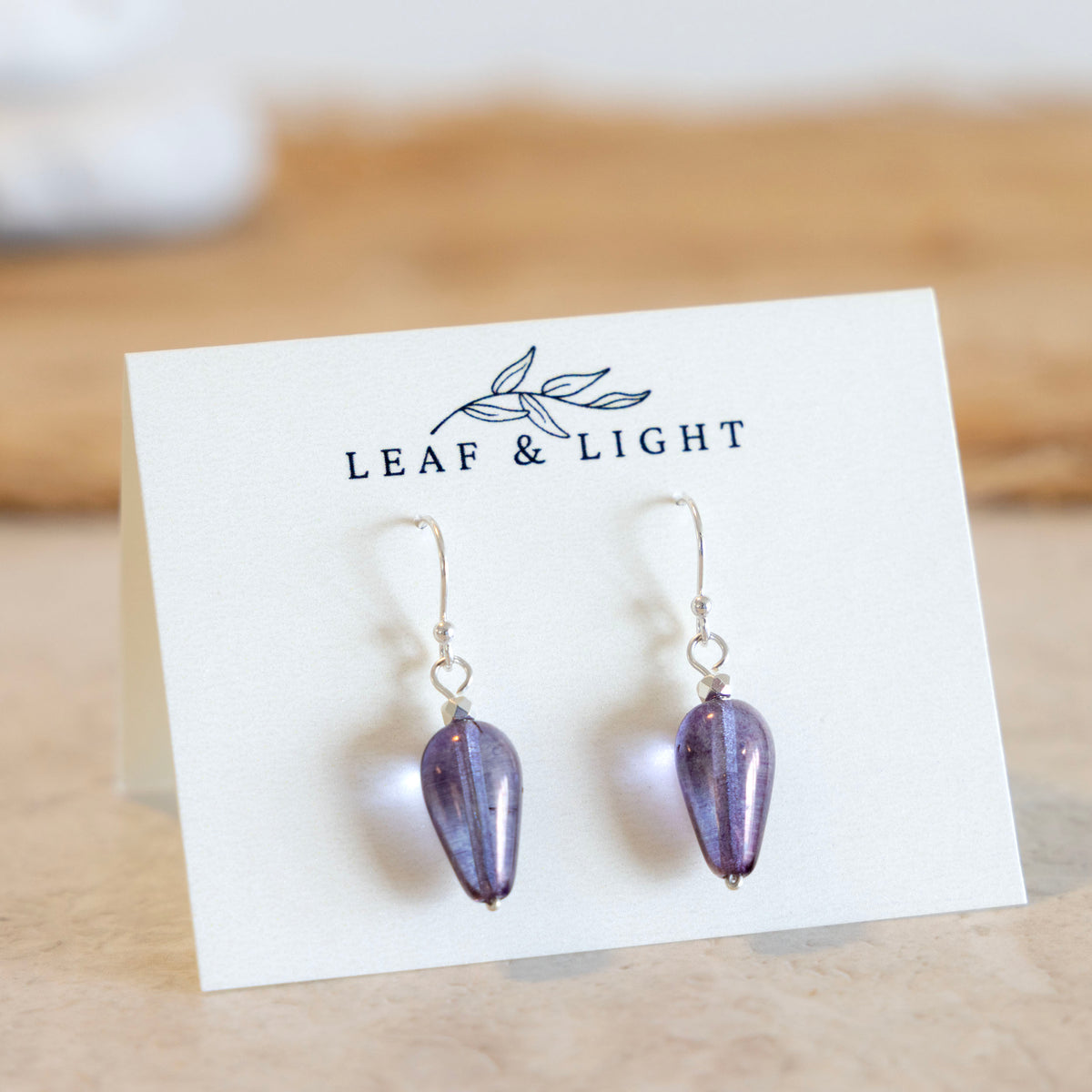 Sea Storm Purple Czech glass teardrop earrings with sterling silver ear wires