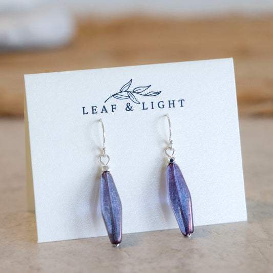 Sea Storm Purple Czech glass slender faceted earrings with sterling silver ear wires