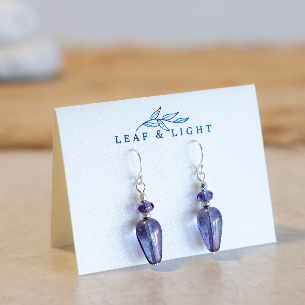 Sea Storm Purple Czech glass classic teardrop earrings with sterling silver ear wires
