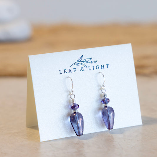 Sea Storm Purple Czech glass classic teardrop earrings with sterling silver ear wires