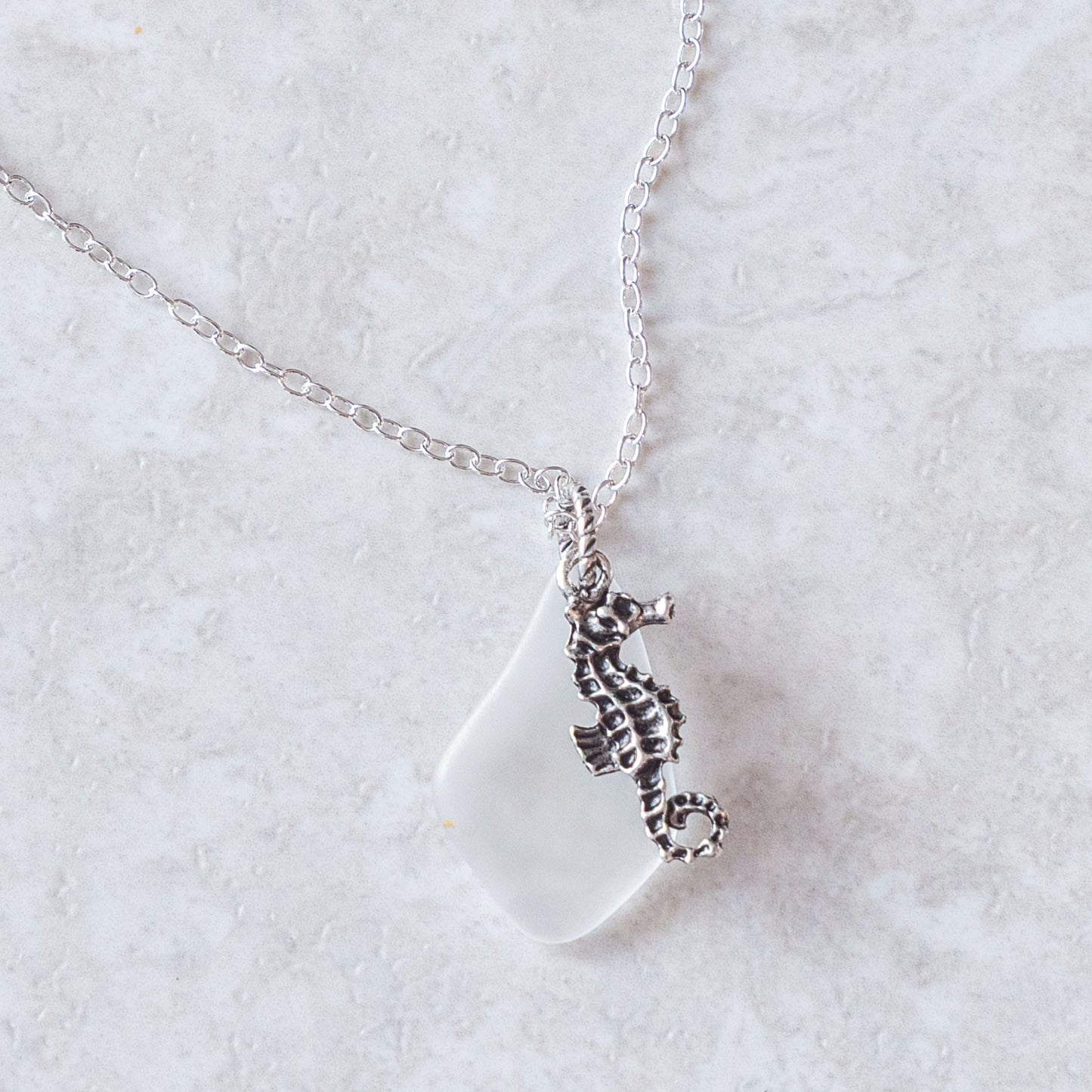SEAHORSE AND GLASS CHARM NECKLACE | SILVER PLATED