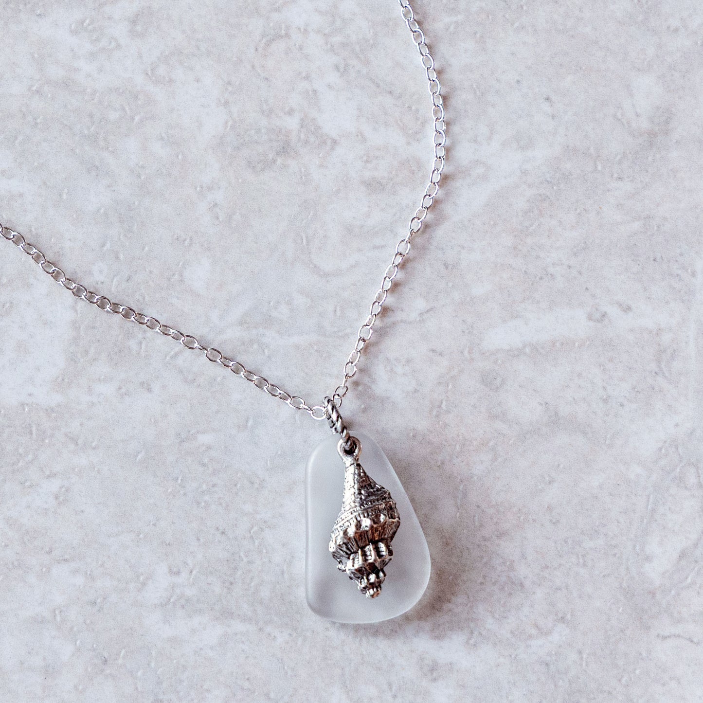 TRUMPET SHELL AND GLASS CHARM NECKLACE | SILVER PLATED