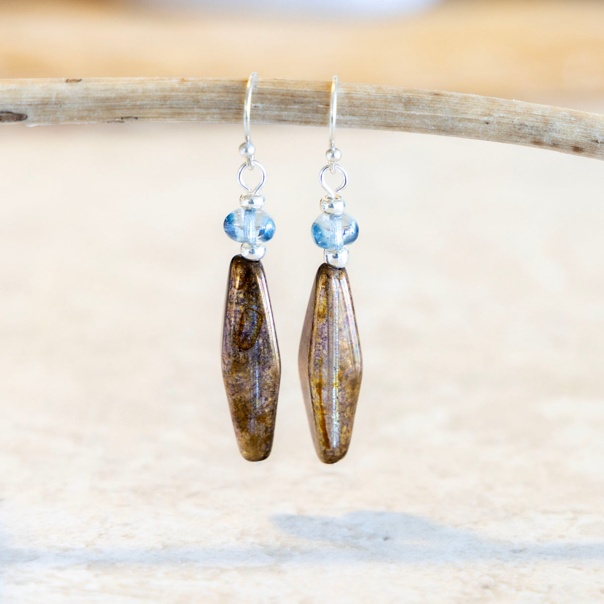 LUSTER BROWN BLUE LONG FACETED EARRINGS | SILVER PLATED